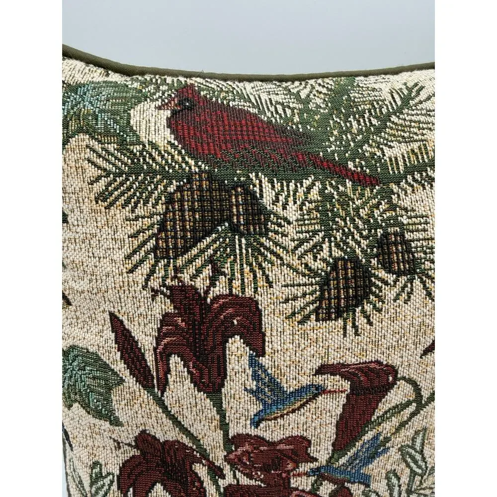 Vintage Tapestry Throw Pillow 12x12 Hummingbird Floral Botanical Pattern Cottage
